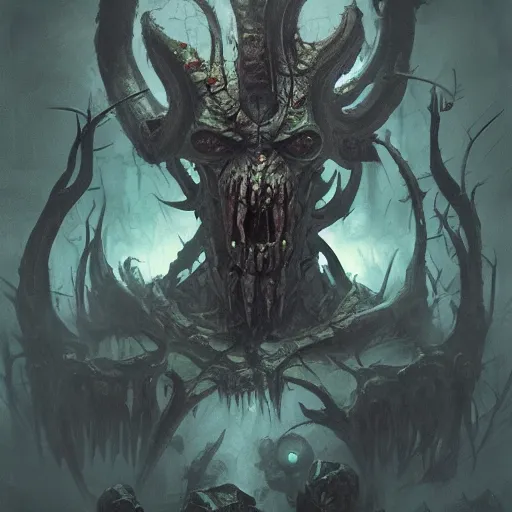 Prompt: the god nurgle by Schen Teng, asymmetrical, realistic painting, dark vibes, nightmare, geometric shapes, hard edges, synth wave, trending on the artstation:2 by Greg Rutkowski:4