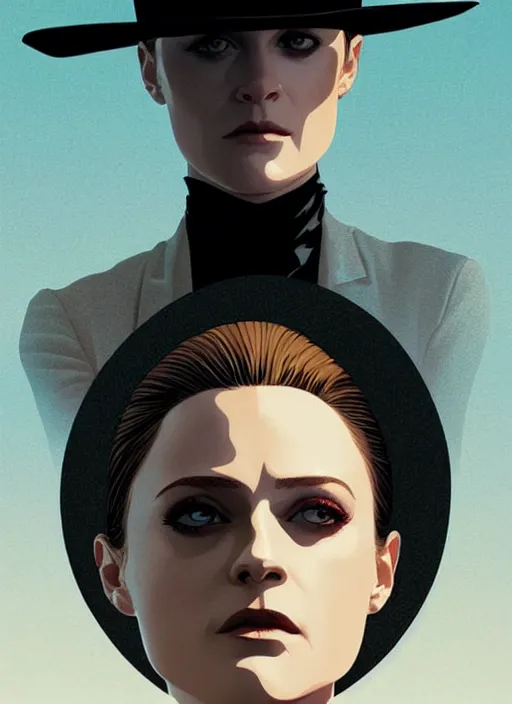 Image similar to poster artwork by Michael Whelan and Tomer Hanuka, a portrait of Evan Rachel Wood in Westworld, clean