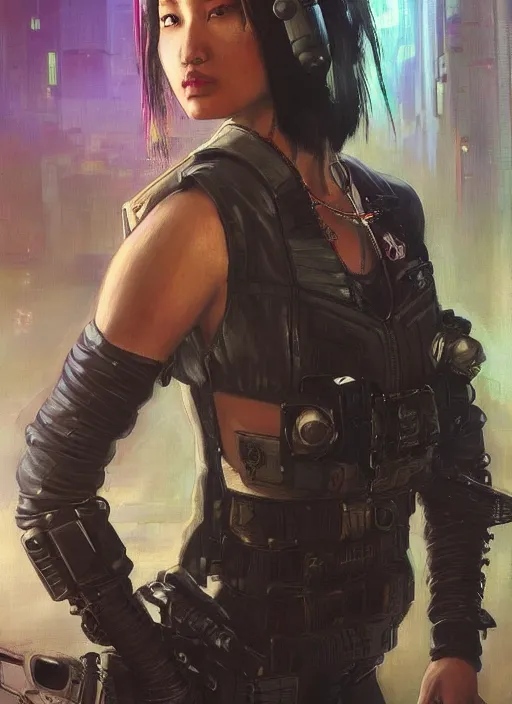 Prompt: Nikki tanaka. beautiful cyberpunk female USN marine wearing a military vest and punk clothing. (Cyberpunk 2077, bladerunner 2049). gorgeous face. Iranian orientalist portrait by john william waterhouse and Edwin Longsden Long and Theodore Ralli and Nasreddine Dinet, oil on canvas. Cinematic, hyper realism, realistic proportions, dramatic lighting, high detail 4k