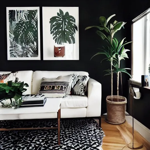 Image similar to living room interior design with style of japandi, ikea, warm wood, urban jungle plants, dark tile floor, art wall, music instruments, music records