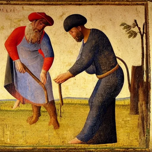 Prompt: Farmer tilling his field by Fra Angelico,