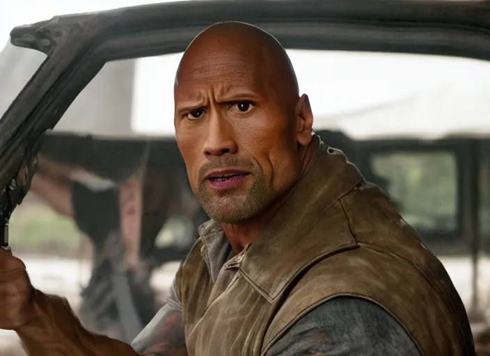 Prompt: film still of dwayne the rock johnson as rick grimes wearing a hat in the new walking dead tv series, 4 k