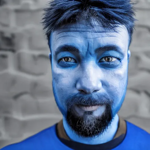 Image similar to fish eye lens close up photograph of a man with blue skin and a goatee side eyeing the camera with a sympathetic look