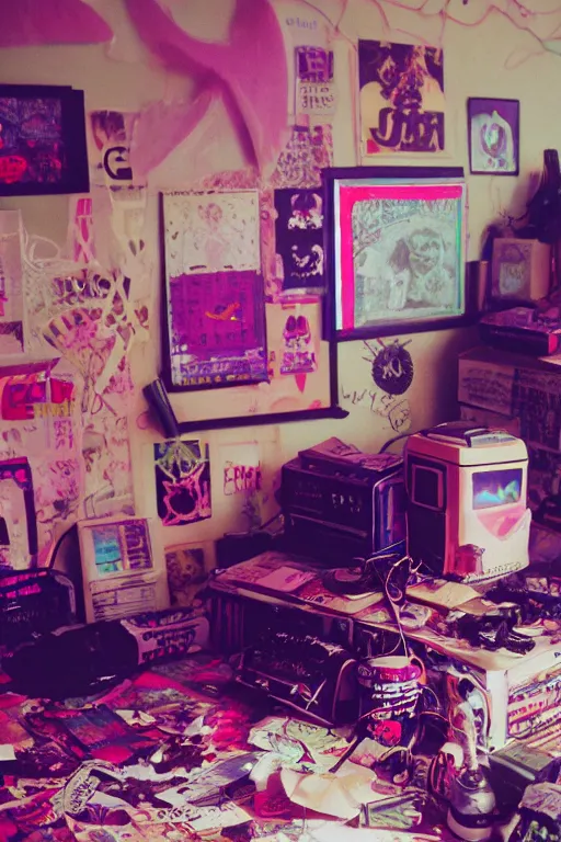 Image similar to agfa vista 4 0 0 photograph of a cluttered 9 0 s teenagers goth punk rock bedroom, synth vibe, vaporwave colors, lens flare, moody lighting, moody vibe, telephoto, 9 0 s vibe, blurry background, grain, tranquil, calm, faded!,