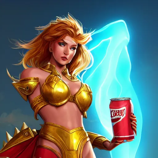 Image similar to leona from league of legends wearing gold and scarlet armor drinking a soft drink out of a blue can on a hot summer day at the beach. she is wearing wearing gold and scarlet armor. digital illustration, trending on artstation, highly detailed, excellent beautiful lighting,