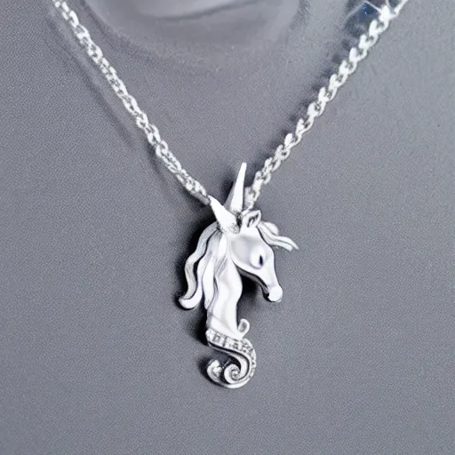 Prompt: a lovely silver cartoon unicorn necklace pendant, 3 d rendering, pandora style, tiffany style, swarovski style, van cleef & arpels style, cartier style, boucheron style, bulgari style, chaumet style, elegant, noble, stylish