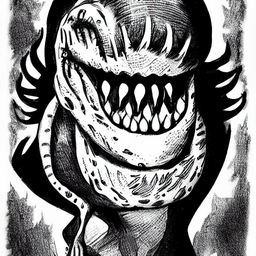 Image similar to a Pop Wonder scary horror themed goofy-hilarious-character-dinosaur-demon, dime-store-comic drawn with charcoal and pen and ink, half-tone-line-stacking