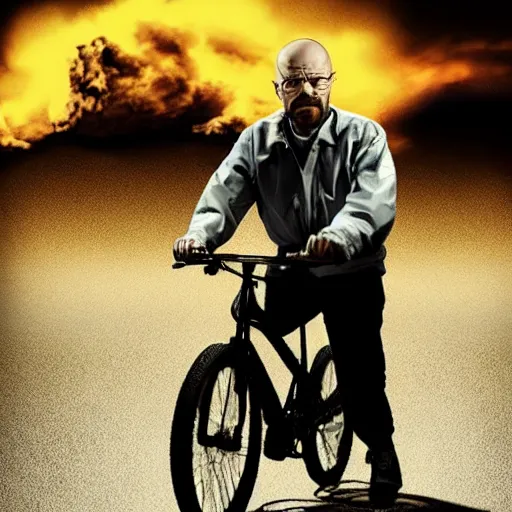 Image similar to photo of walter white riding a bike with an exploding building behind him, color, cinematic lighting