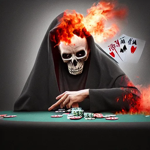 Image similar to a grim reaper playing poker in hell, 8 k, realistic