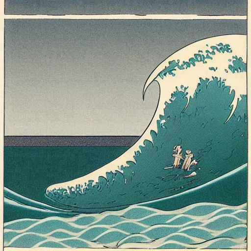 Image similar to by osamu tezuka balmy, monumental amaranth, cinnamon. the mixed mediart of a huge wave about to crash down on three small boats. the boats are filled with people, & they all look terrified.