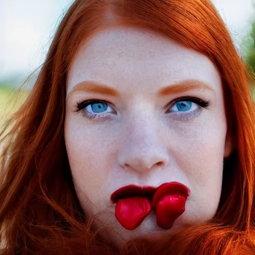 Image similar to close up portrait photo of the left side of the face of a redhead woman with blue eyes and big black round pupils and red lips who looks directly at the camera. Slightly open mouth, face covers half of the frame, with a park visible in the background. 135mm nikon. Intricate. Very detailed 8k. Sharp. Cinematic post-processing. Award winning photography