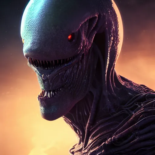 Image similar to a horrified man on a spaceship face to face with an alien from another galaxy, volumetric lighting, 8 k octane beautifully detailed render, post - processing, extremely hyper - detailed, intricate, epic composition, cinematic lighting, masterpiece, trending on artstation, detailed detailed detailed, masterpiece, beautiful cinematic light,