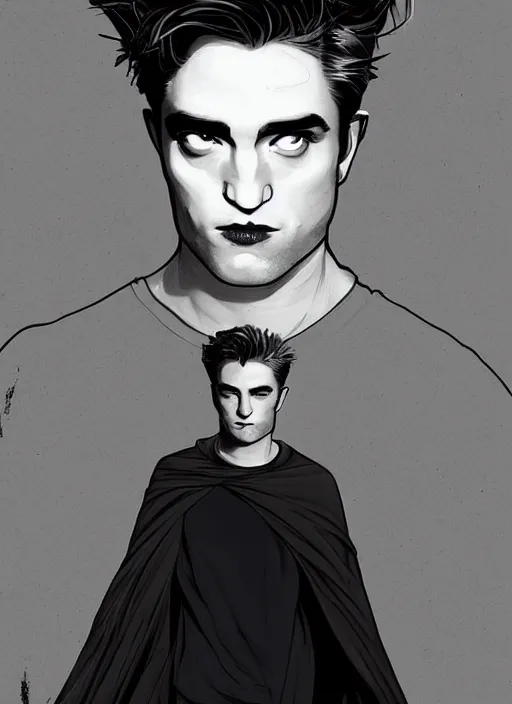 Image similar to well - shaven robert pattinson, black outfit, cape, in the style of tom bagshaw, sandman, misty endless dream cinematic background, netflix sandman