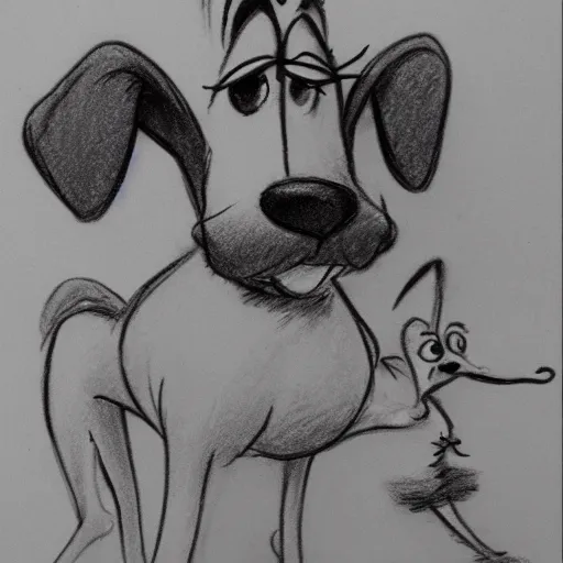 Image similar to milt kahl pencil sketch of happy mini schnauzer cartoon lady and the tramp style