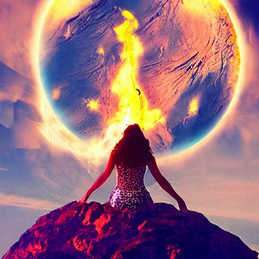 Image similar to a goddess up there, concept art aesthetics, on fire, photoshop, colossal, creative and cool, giant, photo manipulation, planets, outer space, smoke, destruction