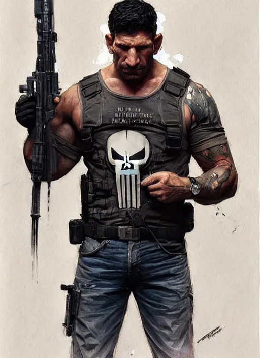 Image similar to jon bernthal as the punisher, painting by artgerm and greg rutkowski and alphonse mucha