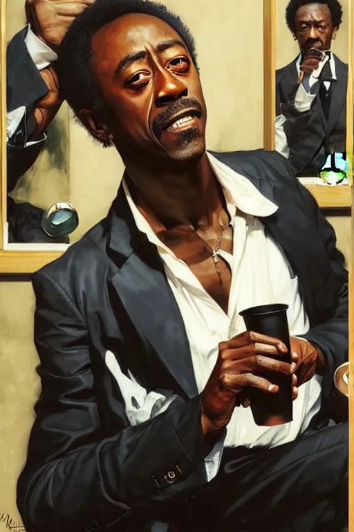 Image similar to attractive don cheadle playing as 2 1 savage drinking coffee, painting by j. c. leyendecker, yoji shinkawa, katayama bokuyo