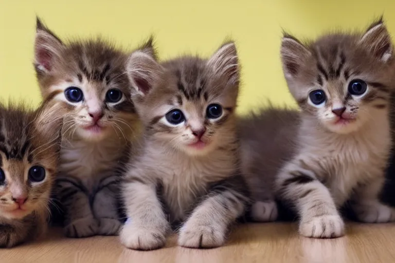 Image similar to exactly five kittens in a room and the kittens are looking directly into the focal point of the camera