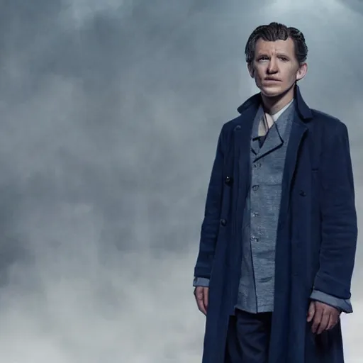 Image similar to tom holland as a rough dirty old man with a scruffy beard in a dark blue trenchcoat as the new doctor who, cinematic, volumetric lighting, f 8 aperture, cinematic eastman 5 3 8 4 film, photorealistic