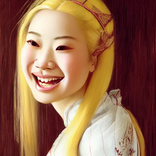 Image similar to a totally amazed smiling pretty asian girl with blonde hair, fully covering intricate detailed outfit, long loose blonde hair, precise linework, accurate brown eyes, small nose, beautiful smooth oval head, expressive emotions, hyper realistic ultrafine portrait by artemisia gentileschi, jessica rossier, greg rutkowski, artgerm