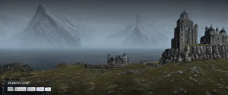 Image similar to Land Rover Defender 110 (1985), The Elder Scrolls V: Skyrim, Solitude seen in the distance, Blue Palace is seen in the distance towering above the landscape, Haafingar Hold, an epic fantasy, the sea seen behind the city, dramatic lighting, cinematic, establishing shot, extremely high detail, photorealistic, cinematic lighting, artstation, by simon stalenhag