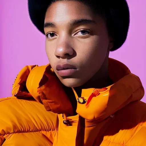 Image similar to realistic! photoshoot for a new balenciaga lookbook, color film photography, portrait of a beautiful woman wearing a puffer jacket, photo in style of tyler mitchell, fisheye lens