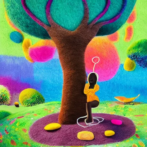 Image similar to a black girl with a colorful afro and big beautiful eyes meditating in an african zen garden with a waterfall!! and a baobab tree, bokeh!, bright colors, synthwave, watercolor, volumetric wool felting, felt, macro photography, children illustration, by goro fujita