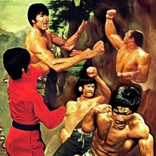 Image similar to mad bruce lee yelling at hulk hogan, spilled coffee on shirt, in the style renaissance painting