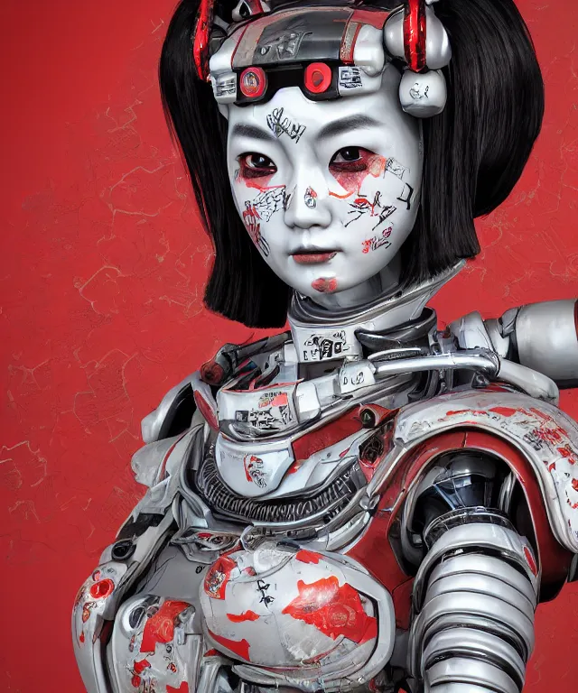 Image similar to an epic fantastic realism comic book style portrait painting of a japanese robotic geisha with kanji tattoos and decals, apex legends, octane render, intricate detail, 4 k hd, unreal engine 5