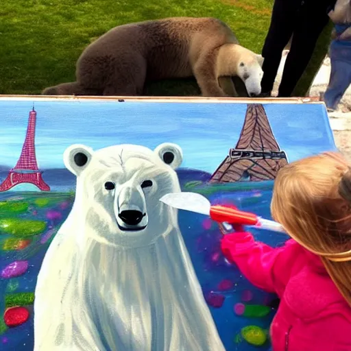 Image similar to A polar bear painting easter eggs in front of the Eiffel Tower