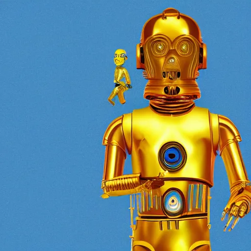 Image similar to entire body portrait of Simpson as C3PO in star wars, background blue sky puffy clouds cinematic 4k