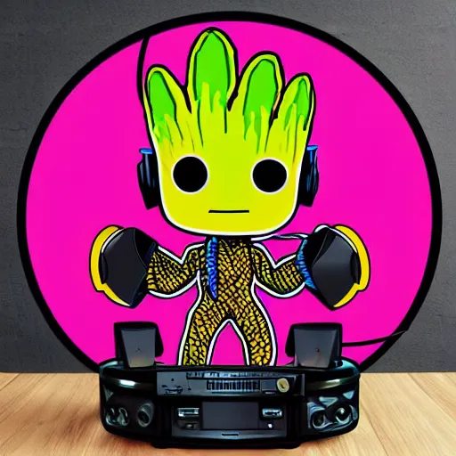 Image similar to svg sticker of a Pop-Wonder Groot-Marvel-Avenger at a rave, spinning records, giant headphones rocking out, wearing headphones, huge speakers, dancing, rave, DJ, spinning records, digital art, amazing composition, rule-of-thirds, award-winning, trending on artstation, featured on deviantart