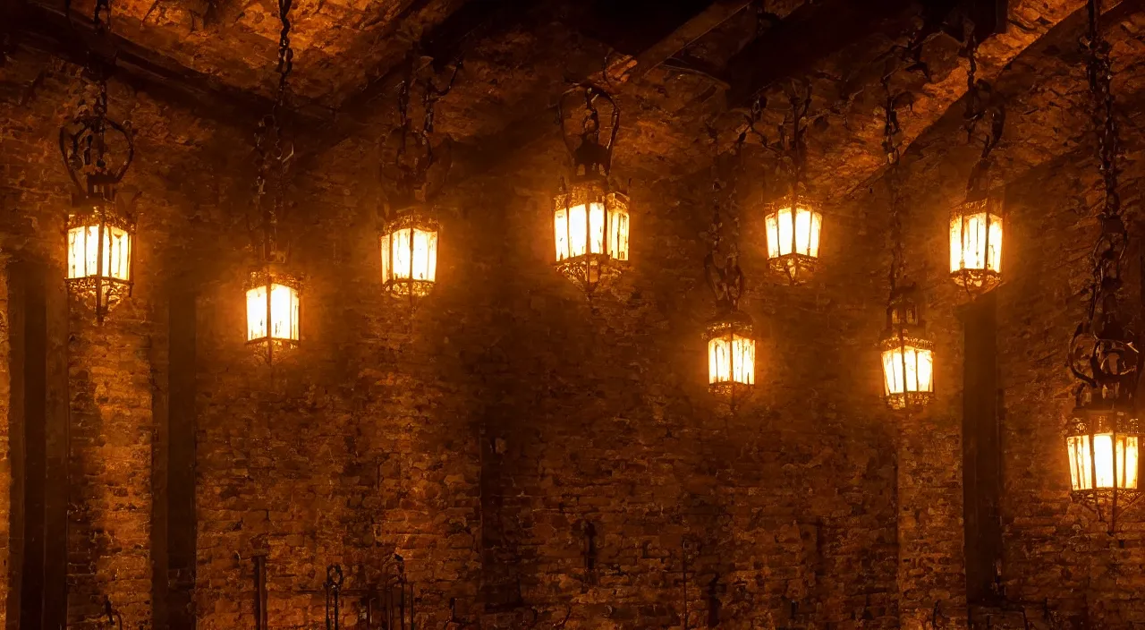 Prompt: long Castle interior wall with iron wrought windows, lanterns hanging from the ceiling in the style of darkest dungeon