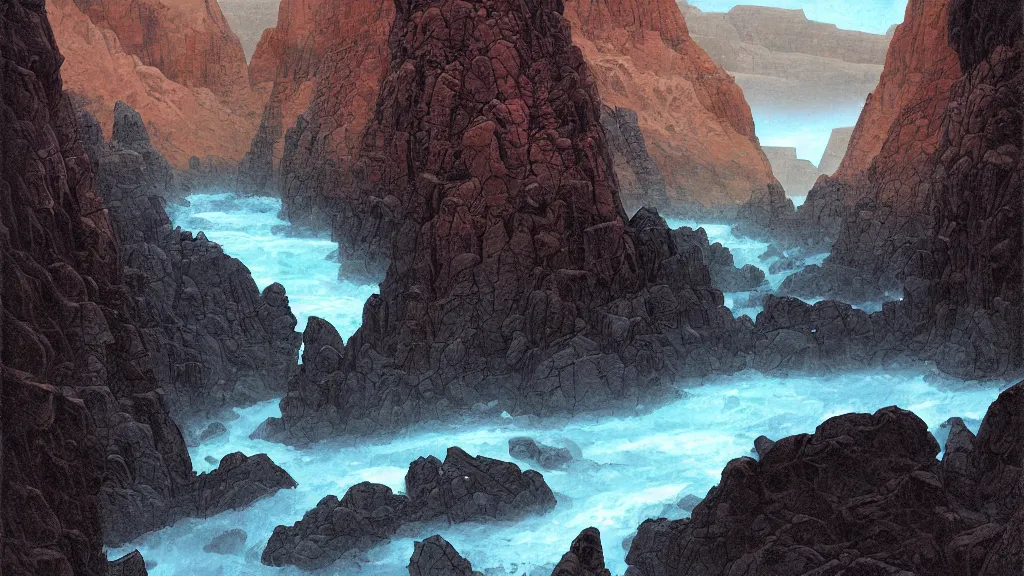 Image similar to digital painting of stuðlagil canyon by gerald brom. blue river. black columns. digital render. detailed. beautiful landscape.