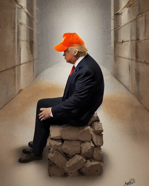 Image similar to a head and shoulders portrait of Donald trump wearing a orange jumpsuit, sitting on the floor of a filthy rat infested concrete jail, dimly lit, volumetric lighting, in jail by craig mullins and Annie Leibowitz, octane, 8k,