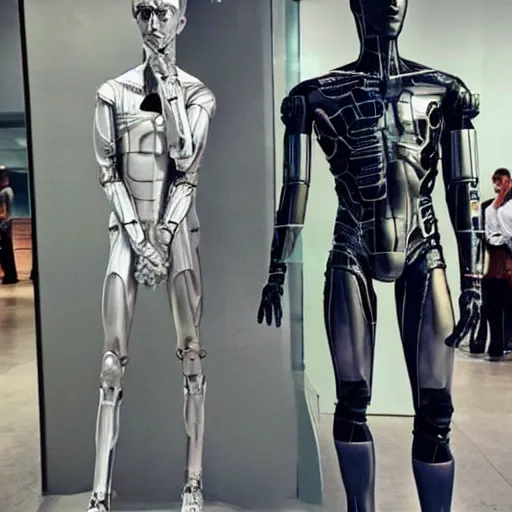 Image similar to “a realistic detailed photo of a guy who is an attractive humanoid who is half robot and half humanoid, who is a male android, actor Grant Gustin, shiny skin, posing like a statue, blank stare, at the museum, on display”