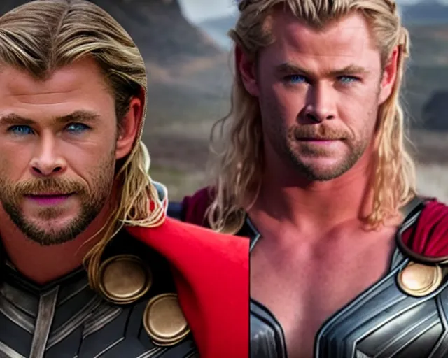 Prompt: chris hemsworth as thor with exaggerated drag queen makeup, cinematic shot, hyper detailed, cinematic