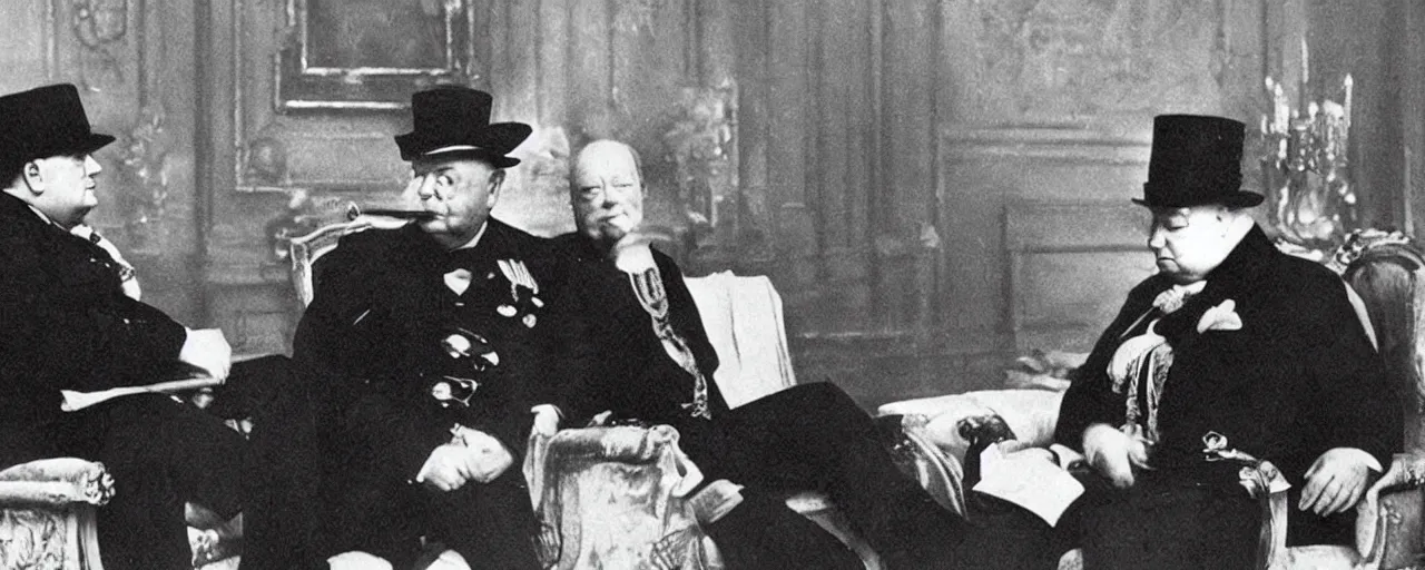 Image similar to Winston Churchill talking to Napoleon Bonaparte, vintage photo