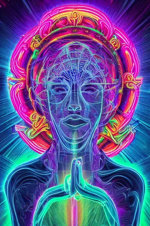 Prompt: a detailed digital neon illustration of the burningman statue in the style of Alex Grey, lisa frank, beeple, dan mumford. maya render, trending on artstation, greg rutkowski very coherent symmetrical artwork, psychedelic, fantasy, 8k, ornate, intricate, symmetry, cinematic, hyper realism, high detail, octane render, 8k, iridescent accents