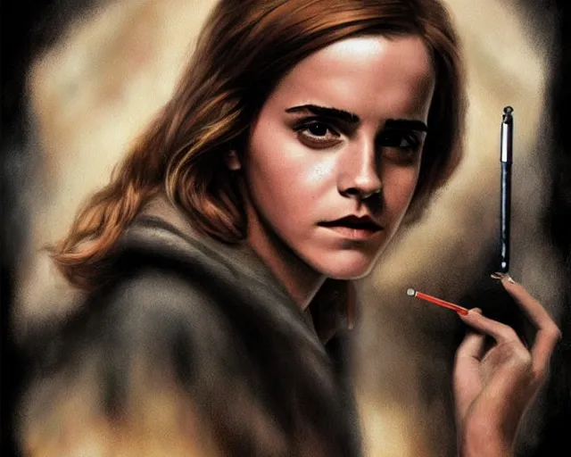 Prompt: emma watson as sherlock biting a cigarette pipe, airbrush art, drew struzan illustration art, key art, movie poster