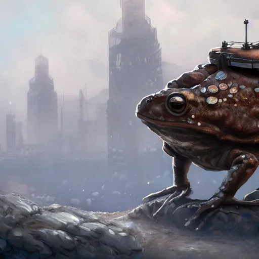 Image similar to a mechanical toad digital painting, mixed media, trending on artstation and deviantart, epic composition, highly detailed, 8 k