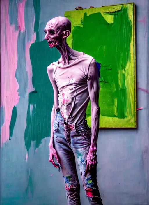 Image similar to an insane, skinny, artist wearing dirty, torn overalls, expressive painting the walls inside a grand messy studio, depth of field, hauntingly surreal, highly detailed painting by francis bacon, edward hopper, adrian ghenie, glenn brown, soft light 4 k in pink, green and blue colour palette, cinematic composition, masterpiece