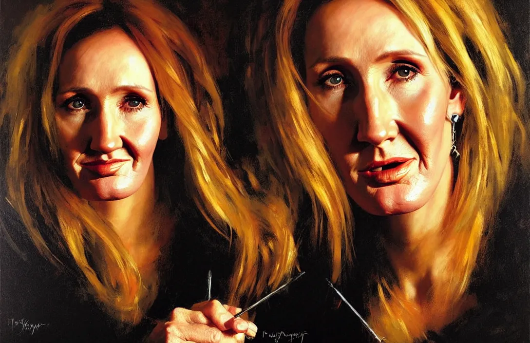 Image similar to portrait of jk rowling!!!!!!!!!!!!!!!!!!!!!!!!!!!, detailed face, detailed painting, epic lighting, by ilya repin, phil hale and kent williams