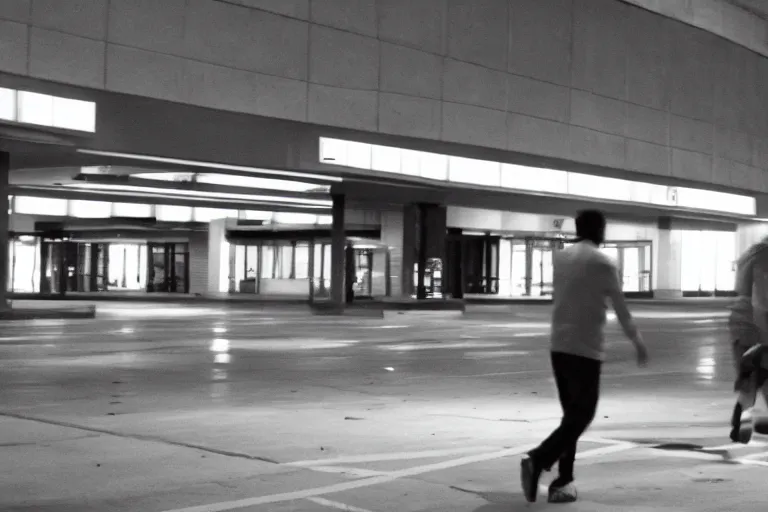 Image similar to CCTV Footage obama chasing a guy on a abandoned mall, mid night, no lights, cinematic lighting