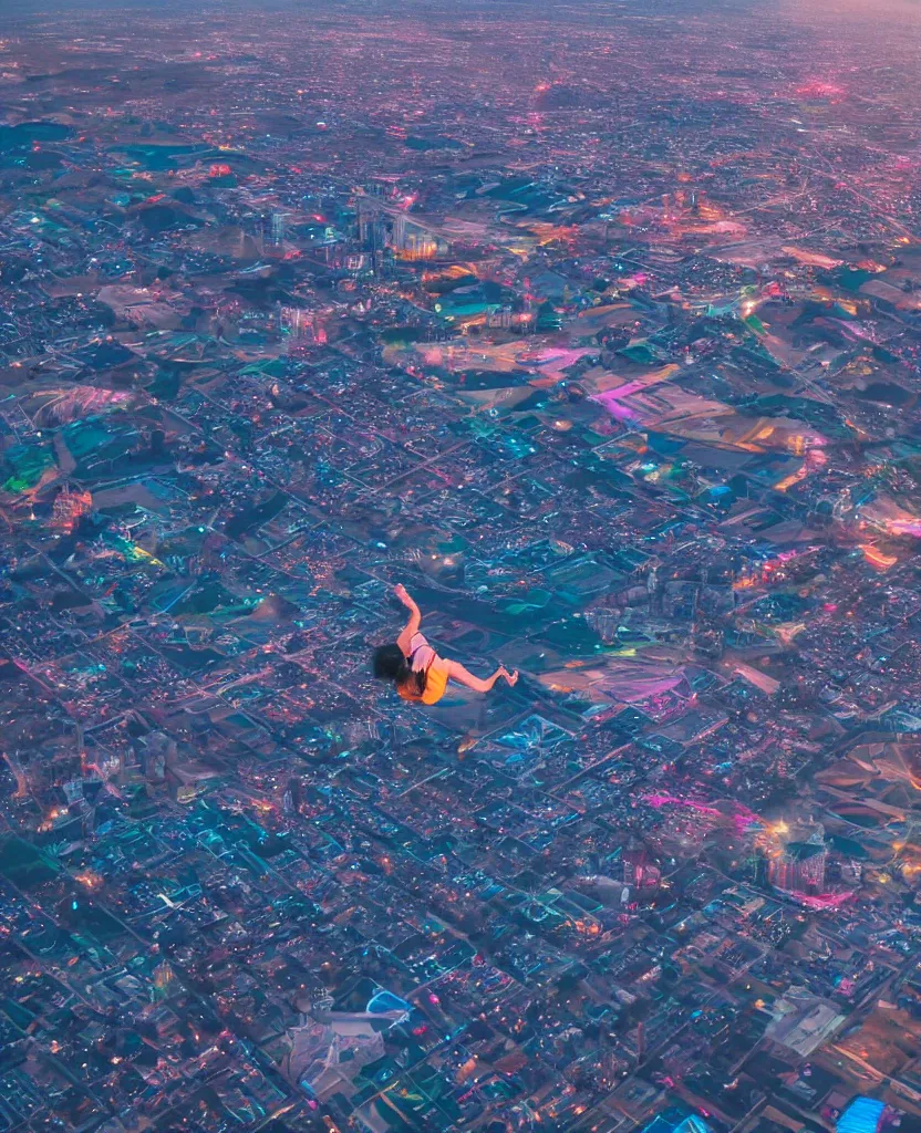 Prompt: a student flying upwards through iridescent clouds at dusk in a lit up city