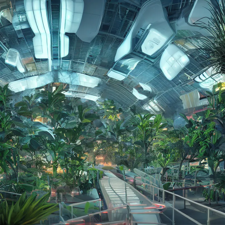 Prompt: octane render by ricardo bofill and robert hubert and weta digital and beeple, inside a sleek futuristic minimalist neon solarpunk chicago world's fair at night full of tropical plants and incredible architecture, 8 k, cinema 4 d, raytraced lighting and reflections, very sharp focus, crisp render, trending on cgsociety