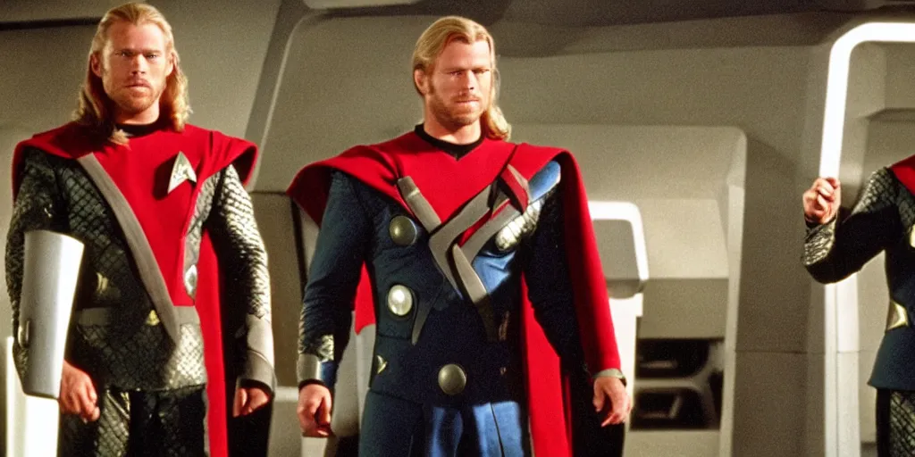 Prompt: Thor, in starfleet uniform, in the role of Captain Kirk in a scene from Star Trek the original series