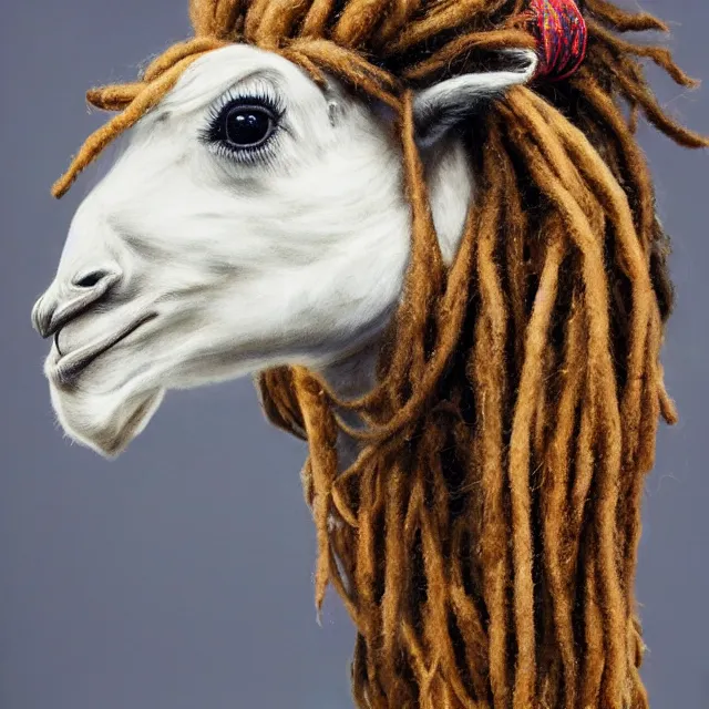 Prompt: llama with dreadlocks, by mandy jurgens, el anatsui, james jean