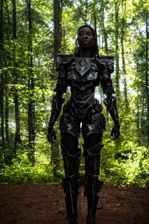 Prompt: hyperrealistic long shot mithra gorgeous black woman intricate exoskeleton bone armor in a forest sun behind her concept art eric zener elson peter cinematic light low angle hd 8k sharp rack focus