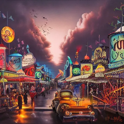 Image similar to ultra realist soft painting of a curiosities carnival by night, nightmare fuel, omnious sky, symmetry accurate features, very intricate details, film noir, volumetric clouds